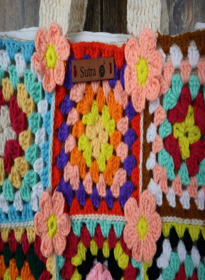 Sutra Handmade Wool Crochet Multicolor Granny Tote Bag | Boho Shoulder Purse | Eco-Friendly Reusable Tote Bag | Summer Beach Handbag for Women Girls - Image 4