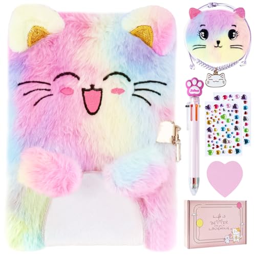 PJDRLLC Cat Diary with Lock Gift for 6 7 8 Year Old Girl Secret Diary Journal Notebook with Coin Purse Multicolored Pen Postit Notes Stickers Practical Gift for Birthday Christmas B Cute Cat - Image 1