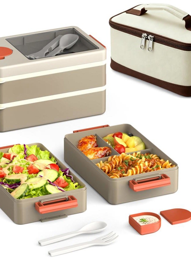 Sitlais Bento Box Adult Lunch Box – 2-Layer Stackable Lunch Container with Utensils & Insulated Bag, 67oz Large Capacity, Leakproof & Microwave Safe, BPA-Free Bento Lunch Box for Work, Gym, Outdoor (Khaki) - Image 1
