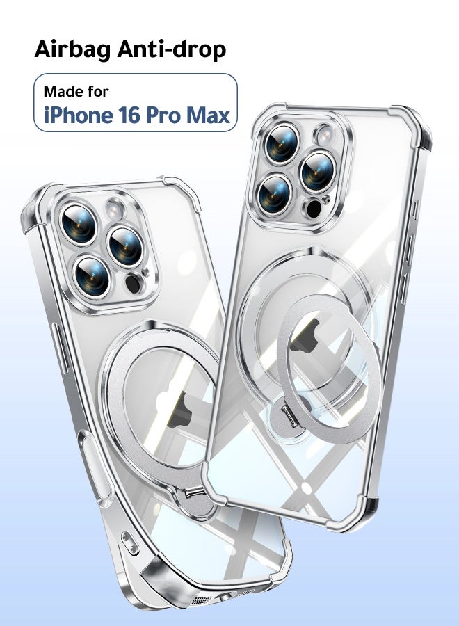 غطاء هاتف شفاف مغناطيسي لـ iPhone 16 Pro Max مقاس 6.9 بوصة، حامل حلقة دوارة بزاوية 360 درجة، متوافق مع MagSafe بقدرة 15 واط، حماية من السقوط بدرجة عسكرية، إطار فضي - Image 1