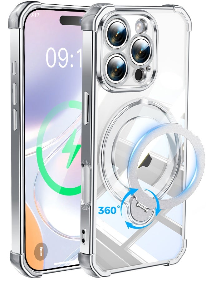 غطاء هاتف شفاف مغناطيسي لـ iPhone 16 Pro Max مقاس 6.9 بوصة، حامل حلقة دوارة بزاوية 360 درجة، متوافق مع MagSafe بقدرة 15 واط، حماية من السقوط بدرجة عسكرية، إطار فضي - Image 1
