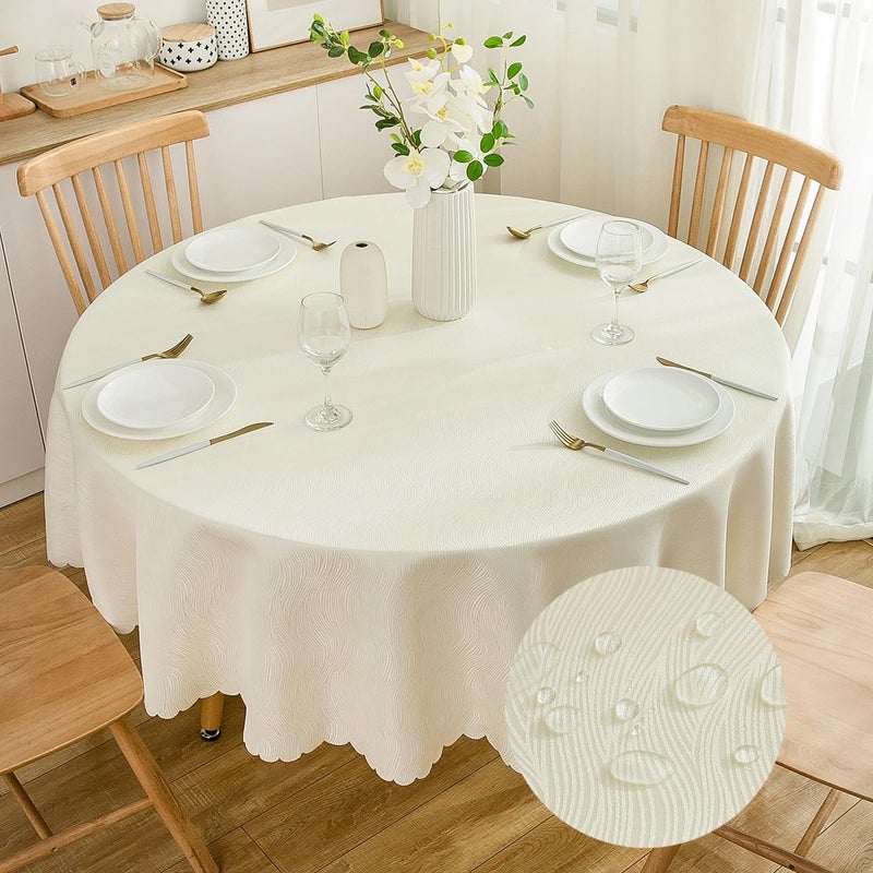 SPRICA Round Jacquard Tablecloth 160cm Water Resistance Solid Colour Table Cover Water Ripples Pattern Design Machine Washable Diameter 160cm Beige