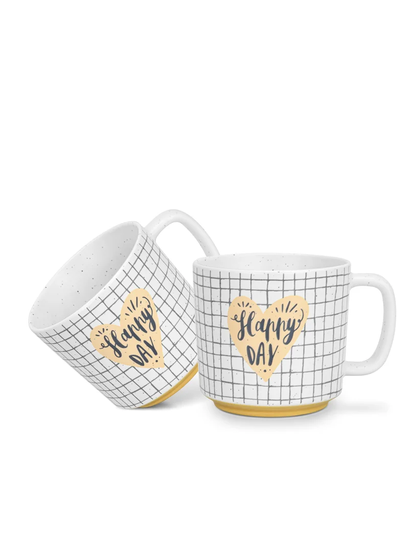 Fissman 2-Piece Mugs 490ml Happy Day Checked Coffee Mugs Set Couple Mug Valentines Day, New Bone China with Non Slip Bottom Coffee Cups for for Tea, Coffee, Present For Her/Him, Surprise Gift For Heart Day