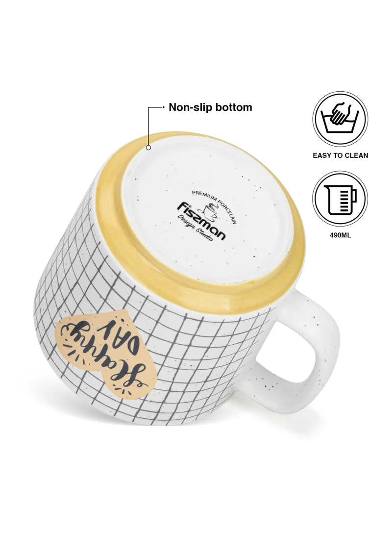 Fissman 2-Piece Mugs 490ml Happy Day Checked Coffee Mugs Set Couple Mug Valentines Day, New Bone China with Non Slip Bottom Coffee Cups for for Tea, Coffee, Present For Her/Him, Surprise Gift For Heart Day