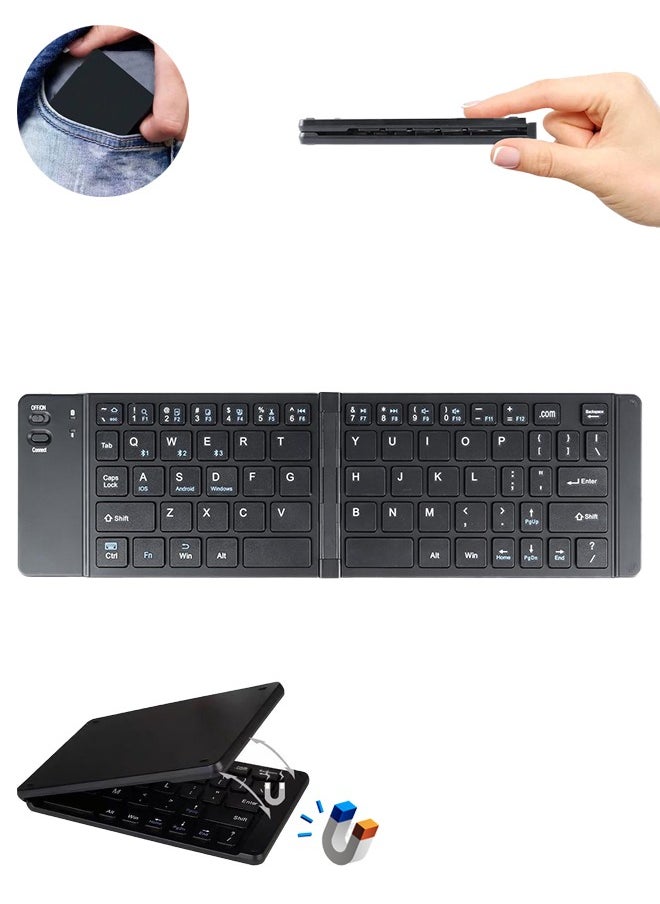 Lemon - Foldable Bluetooth Keyboard, Portable Ultra, Slim Multi Device Mini Wireless Keyboard, 66 Keys, Pocket Size, Rechargeable Keyboard, Tri-Mode Cordless Keyboard, for Laptop Tablet PC Windows iOS Android (Black) - Image 1