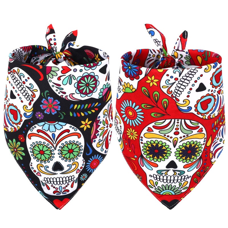 Whaline Mexican Dog Bandana Floral Skull Pet Bandana Red Black Skeleton Dog Bibs Cinco De Mayo Fiesta Pet Scarf DoubleSided Pets Neckerchief for Day of The Dead Small Medium Large Cat Dog 2 Pcs - Image 2