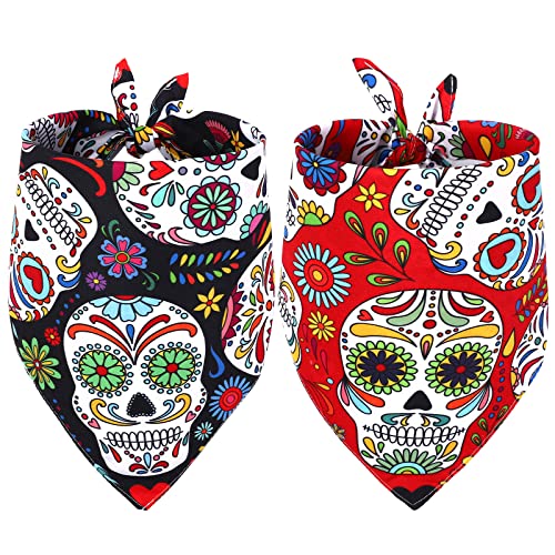 Whaline Mexican Dog Bandana Floral Skull Pet Bandana Red Black Skeleton Dog Bibs Cinco De Mayo Fiesta Pet Scarf DoubleSided Pets Neckerchief for Day of The Dead Small Medium Large Cat Dog 2 Pcs - Image 1