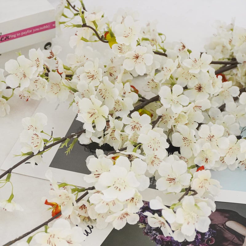 obbsie 4pcs Artificial Cherry Blossom Flower Branches, 39.4" Fake Silk Pink Cherry Blossom Tree Stems Faux Cherry Flowers Vase Arrangements for Home Wedding Table Centerpieces Vase DIY Decor, White - Image 3