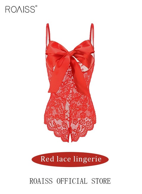 ملابس داخلية حلوة للنساء من قطعة واحدة من الدانتيل ملابس داخلية بدون ظهر مفرغة زي مغري مفتوح المنشعب مفتوح الصدر مع فيونكة ملابس نوم