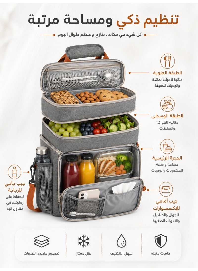 OHAHO Insulated Lunch Box for Men & Women - Leak-Proof Cooler Lunch Bag Double Layer Thermal Lunch Bag Large Capacity Picnic Box Meal Pouch Food Insulated Cooler Delivery Bags Adjustable Strap Ideal for Work Picnic Travel - Gray 27×18×29cm - Image 5