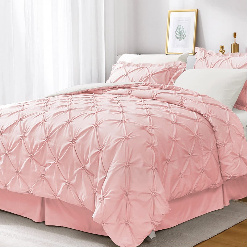 JOLLYVOGUE King Size Comforter Set 7 Pieces PinkIvory Bed in a Bag Comforter Set for Bedroom Beddding Sets with Comforter SheetsRuffled Shams  Pillowcases