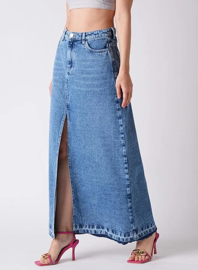 globus Light Blue Front Slit Fringed Denim Maxi Skirt