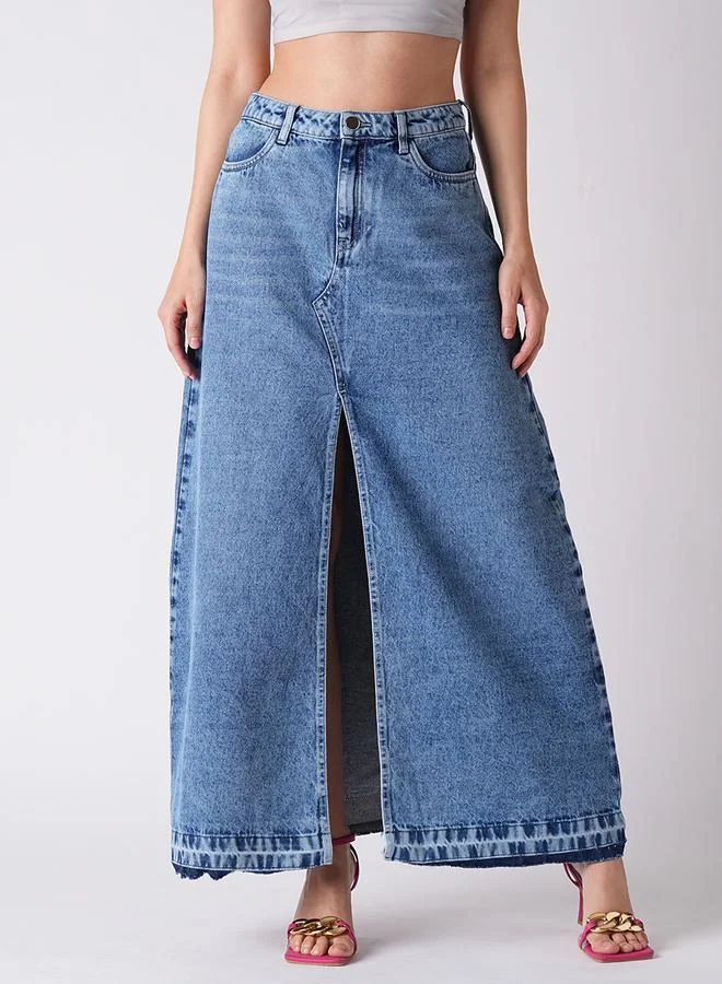 globus Light Blue Front Slit Fringed Denim Maxi Skirt