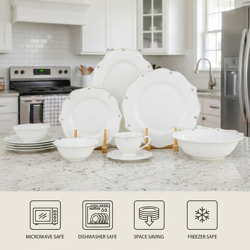 Shallow طقم عشاء شالو من كوزين آرت SAFY 32 قطعة من البورسلين الجديد لـ 6 أشخاص - أبيض مع حافة مطلية بالذهب، أدوات مائدة أنيقة للاستخدام اليومي، الاستضافة، رمضان، عيد والمناسبات الاحتفالية، أطباق، سلطانيات، طبق بيضاوي - Image 4