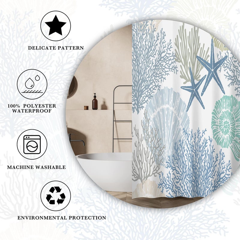 Tritard Nautical Coastal Waterproof Fabric Shower Curtain Starfish Seashell Coral Beach Themed Bath Curtain Ocean Shower Curtains for Bathroom with 12 Hooks, 72x72, Blue - Image 5