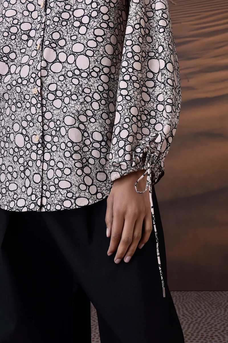 Genes Lecoanet Hemant Beige Printed Giza Cotton Shirt with Tie Cuff Sleeves