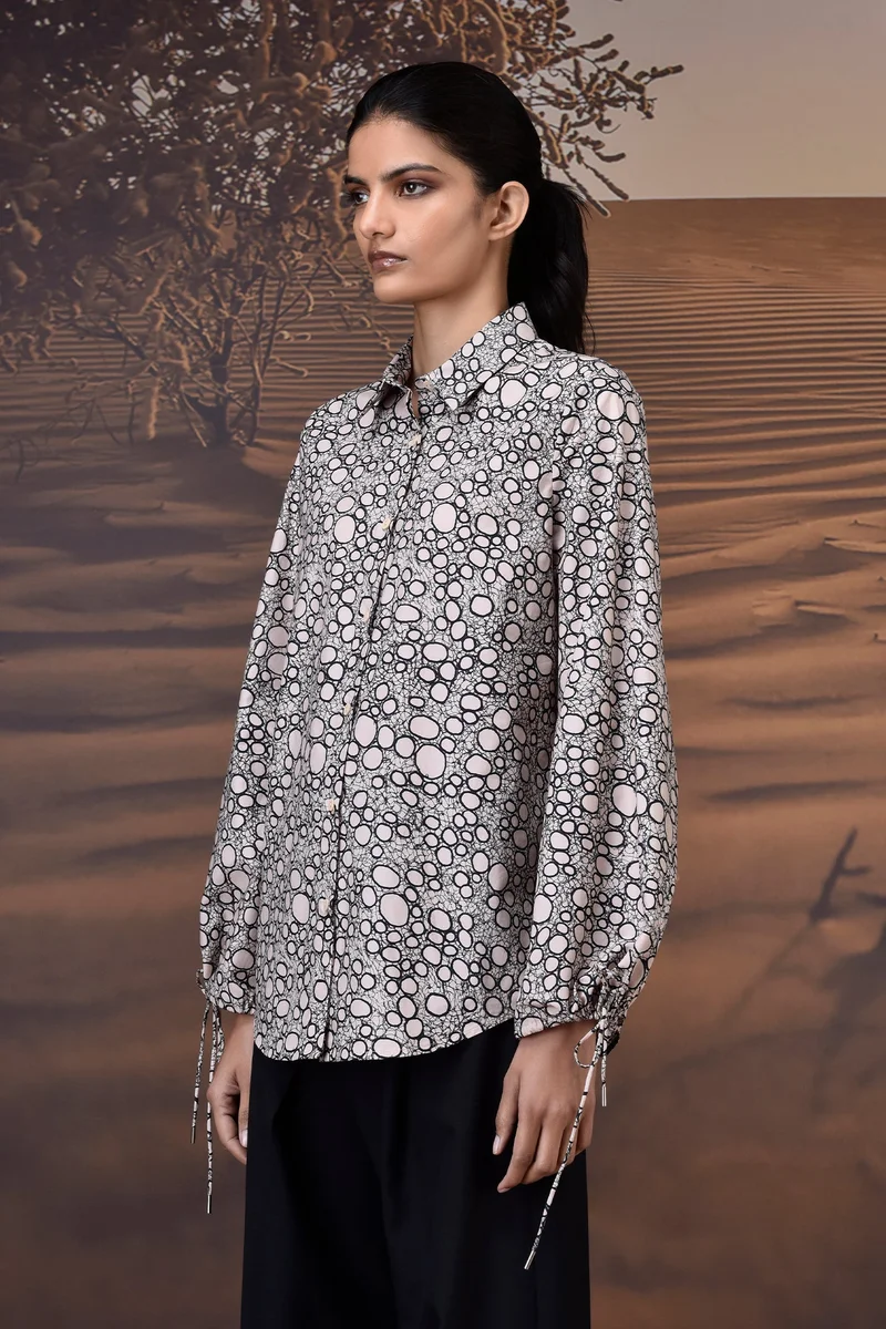 Genes Lecoanet Hemant Beige Printed Giza Cotton Shirt with Tie Cuff Sleeves