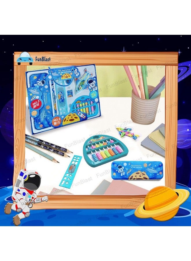 فنبلاست صندوق قرطاسية فن بلاست بطابع الفضاء للأطفال - لوازم مكتبية مدرسية، مجموعة قرطاسية كاواي، صندوق أقلام رصاص، مسطرة، ممحاة، مبراة مع لعبة لودو وأباكوس، هدية عيد ميلاد للأطفال - Image 5