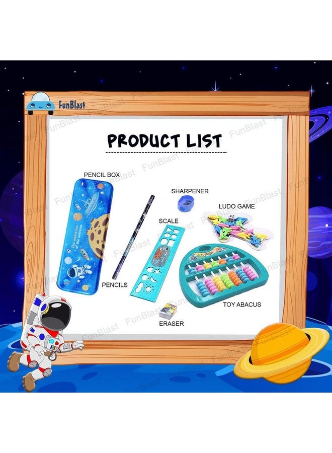 فنبلاست صندوق قرطاسية فن بلاست بطابع الفضاء للأطفال - لوازم مكتبية مدرسية، مجموعة قرطاسية كاواي، صندوق أقلام رصاص، مسطرة، ممحاة، مبراة مع لعبة لودو وأباكوس، هدية عيد ميلاد للأطفال - Image 2