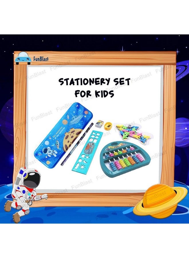 فنبلاست صندوق قرطاسية فن بلاست بطابع الفضاء للأطفال - لوازم مكتبية مدرسية، مجموعة قرطاسية كاواي، صندوق أقلام رصاص، مسطرة، ممحاة، مبراة مع لعبة لودو وأباكوس، هدية عيد ميلاد للأطفال - Image 4