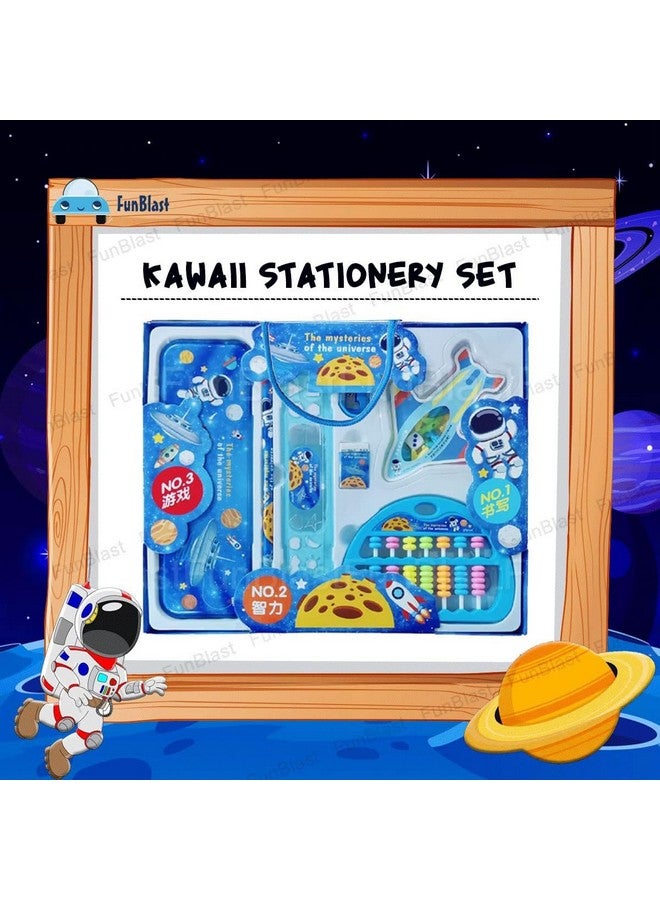 فنبلاست صندوق قرطاسية فن بلاست بطابع الفضاء للأطفال - لوازم مكتبية مدرسية، مجموعة قرطاسية كاواي، صندوق أقلام رصاص، مسطرة، ممحاة، مبراة مع لعبة لودو وأباكوس، هدية عيد ميلاد للأطفال - Image 3