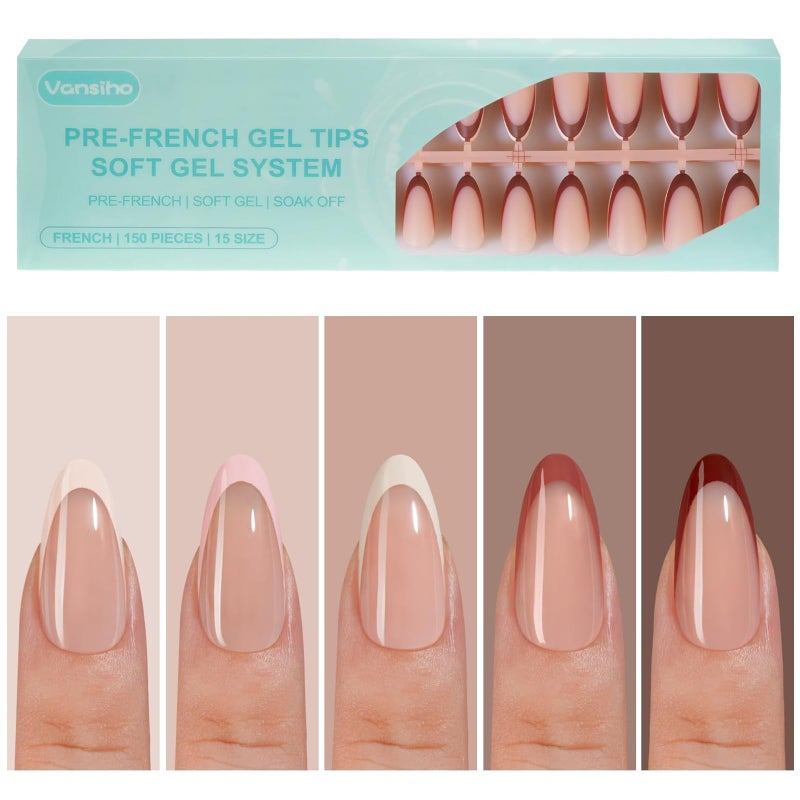 VANSIHO 150Pcs French Gel Nail Tips Almond, Vansiho Medium Nail Tips, Pre-French Tips Press on Nails, Acrylic Fake Nails for Nail Art DIY 15 Sizes - Image 1