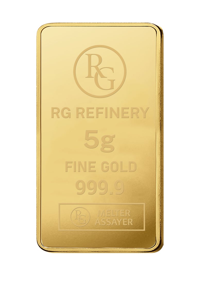 RG REFINERY - Rafmoh Bullion 5 Gram 24k Gold Bar with RG Design - 5 Grams Gold Bar 24KT 999.9 Purity - Image 1