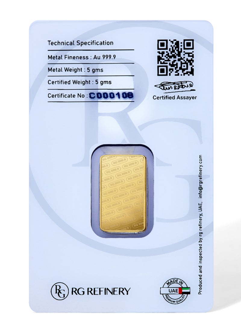 RG REFINERY - Rafmoh Bullion 5 Gram 24k Gold Bar with RG Design - 5 Grams Gold Bar 24KT 999.9 Purity - Image 1