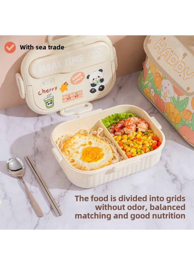 Lunch Box Microwave Oven Heating Special Picnic Box Office Workers With Meals Lunch Box With Lid Fresh-keeping Box Partition Lunch Box FF-Specifications:With Insulation Bag (white) + Tableware  Cream White-Color:Food Grade Pp Material  - Image 3