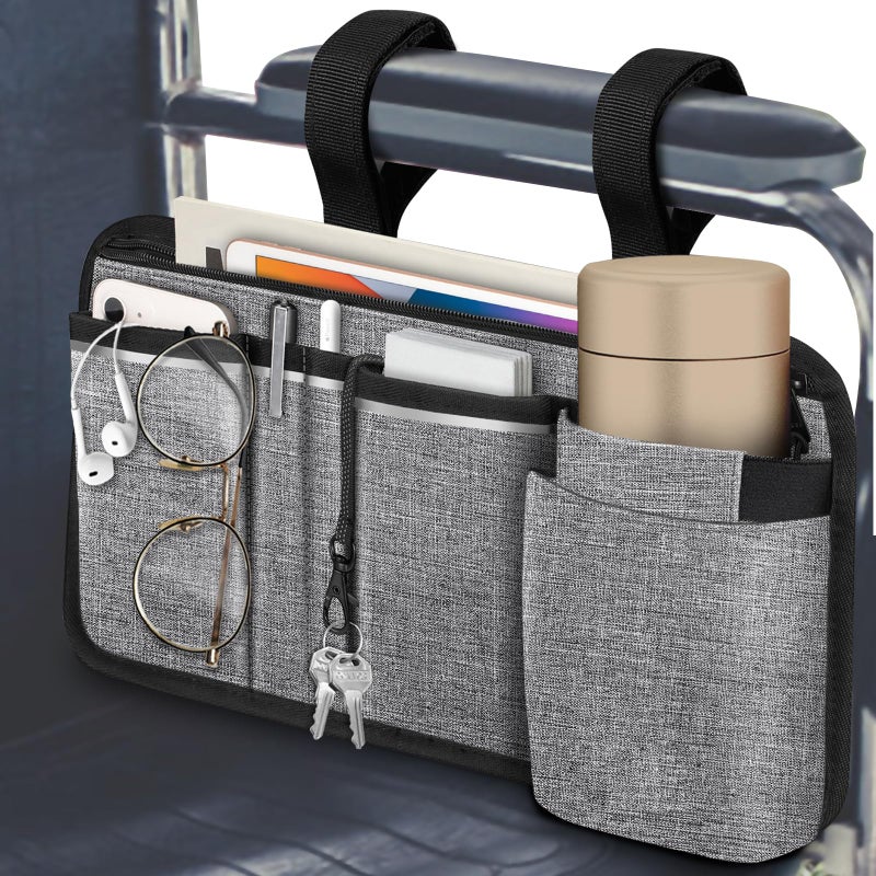 FINPAC Wheelchair Side Storage Bag wCup Holder Wheelchair Armrest Accessories Pouch with Pen Slot and Reflective Strips for Power Walkers Rollators Seniors Gray - Image 3