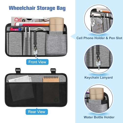 FINPAC Wheelchair Side Storage Bag wCup Holder Wheelchair Armrest Accessories Pouch with Pen Slot and Reflective Strips for Power Walkers Rollators Seniors Gray - Image 5