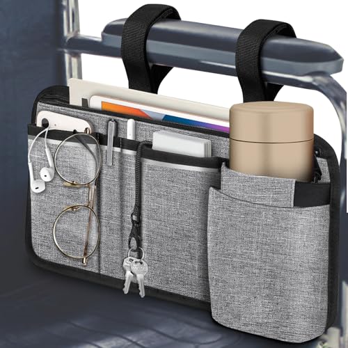 FINPAC Wheelchair Side Storage Bag wCup Holder Wheelchair Armrest Accessories Pouch with Pen Slot and Reflective Strips for Power Walkers Rollators Seniors Gray - Image 2
