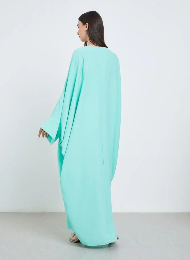 Take Two Solid Batwing Sleeve Abaya with Hijab Set