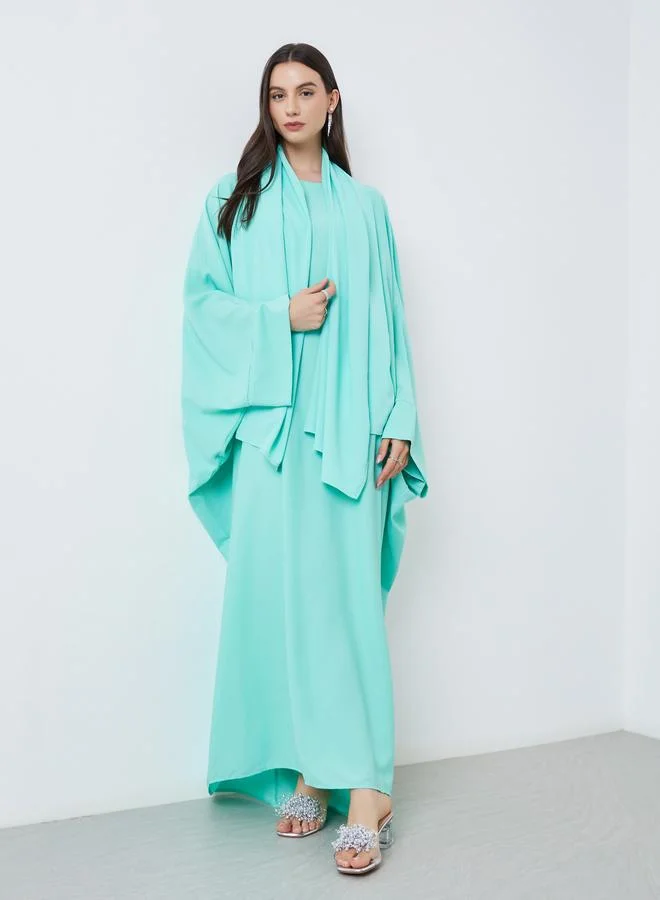 Take Two Solid Batwing Sleeve Abaya with Hijab Set