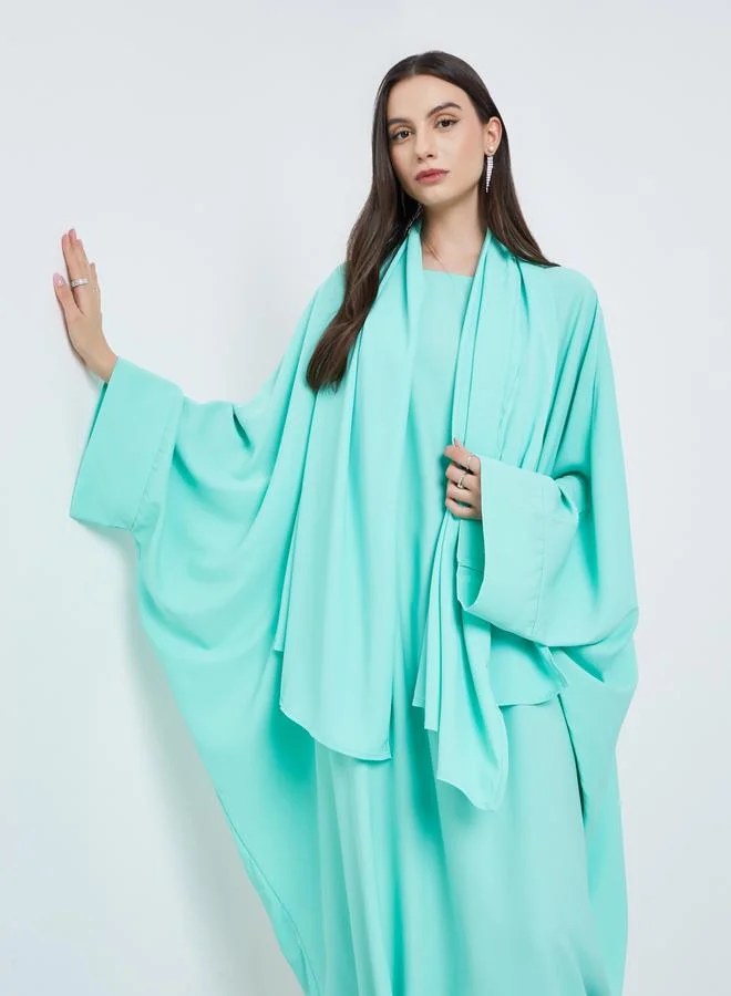 Take Two Solid Batwing Sleeve Abaya with Hijab Set