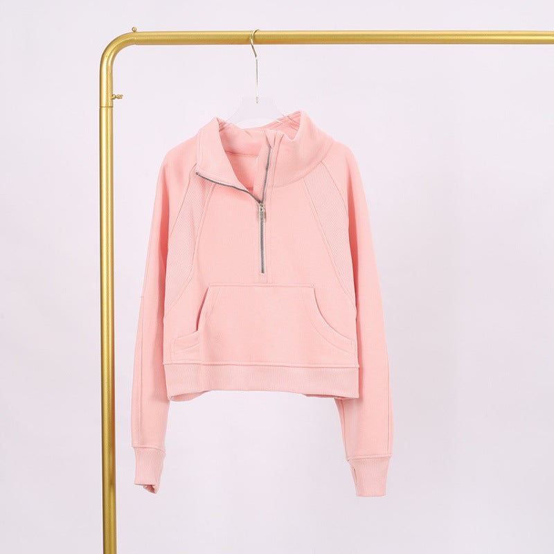 Women's Embroidered Scuba Sweatshirt High Neck Half-Zip Loose Fleece Lined Long Sleeve Sports Top - Image 1