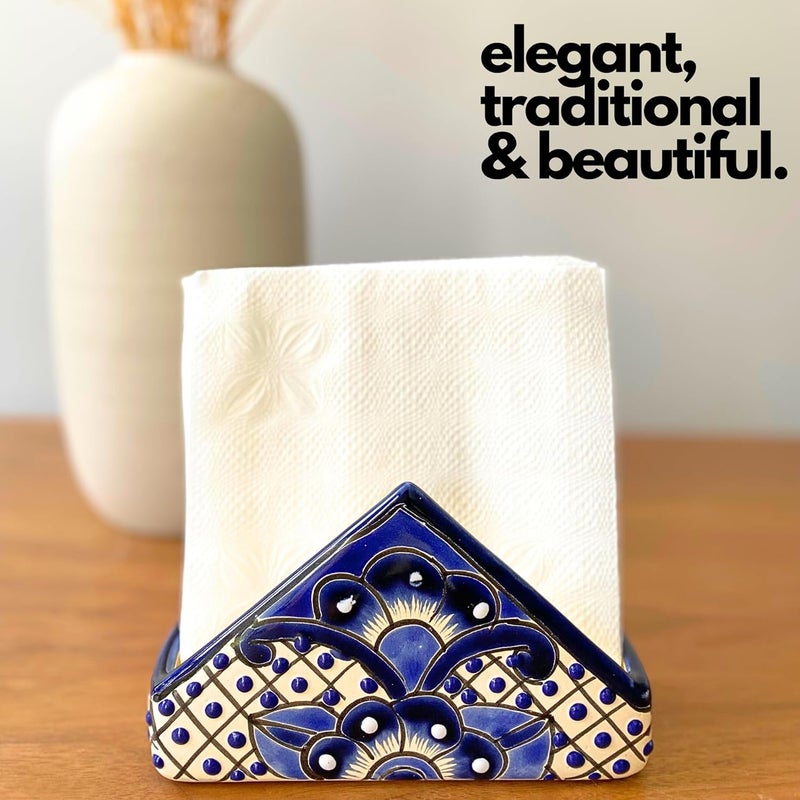 Casa Fiesta Designs حامل مناديل سيراميك  فخار مكسيكي أصيل  لسطح المطبخ  طاولة العشاء  للاستخدام الداخلي والخارجي  حامل مناديل ورسائل  طراز مكسيكي تالافيرا أزرق وأبيض - Image 4