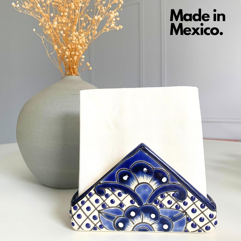 Casa Fiesta Designs حامل مناديل سيراميك  فخار مكسيكي أصيل  لسطح المطبخ  طاولة العشاء  للاستخدام الداخلي والخارجي  حامل مناديل ورسائل  طراز مكسيكي تالافيرا أزرق وأبيض - Image 3