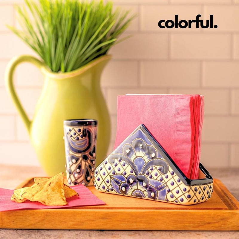 Casa Fiesta Designs حامل مناديل سيراميك  فخار مكسيكي أصيل  لسطح المطبخ  طاولة العشاء  للاستخدام الداخلي والخارجي  حامل مناديل ورسائل  طراز مكسيكي تالافيرا أزرق وأبيض - Image 2