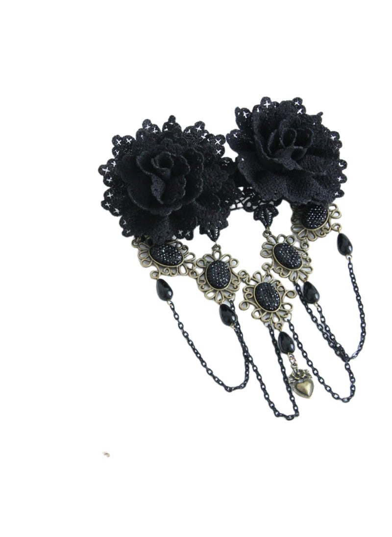 TanQiang - Gothic Vintage Black Lace Rose Flower Hair Clip With Pearl Chain Tassels Hair Barrettes for Women Princess Headwear - Image 1