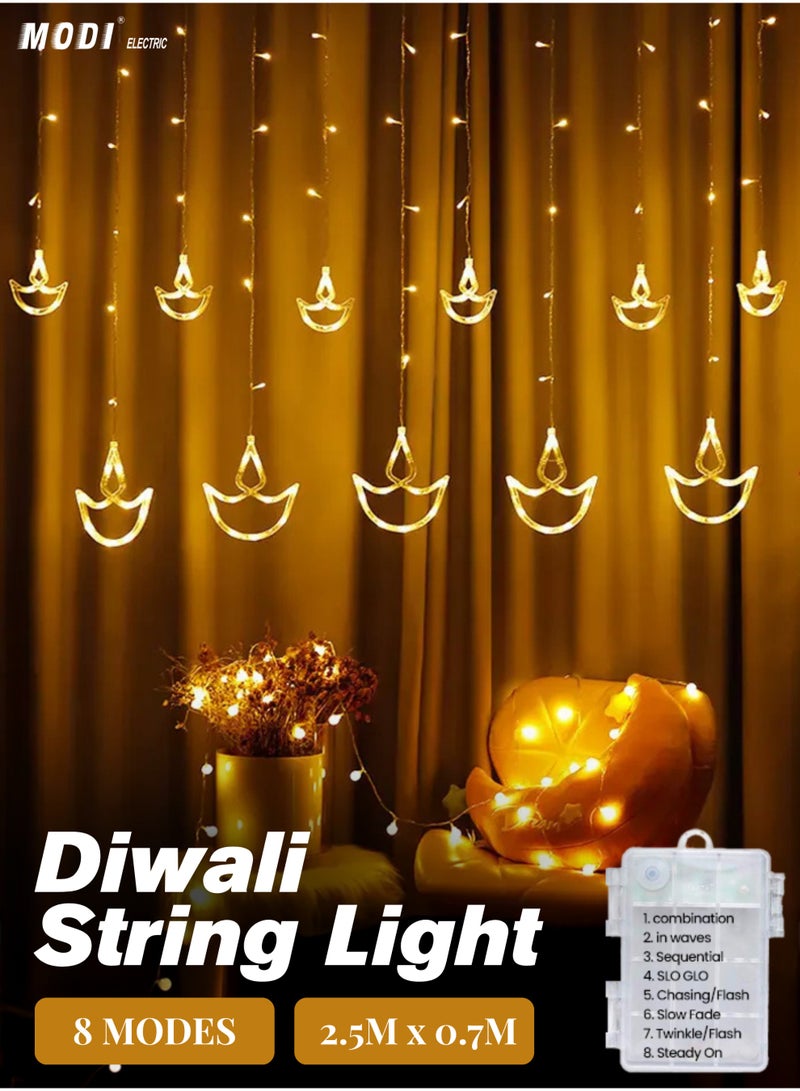 MODI Diwali Decor 2.5 Meter Diwali Light 96 LED Diwali Curtain String Lights – Warm White, 2.5M x 0.7M Waterproof IP44, 8 Modes, Outdoor/Indoor Patio Lights for Diwali, Home, Garden, Wedding, Party & Festival Decorations - Image 1