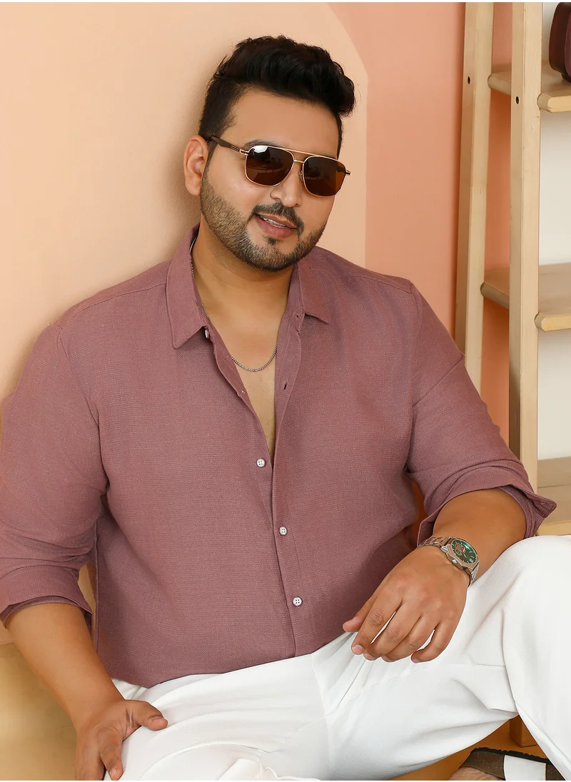 انستافاب بلس Instafab Plus Men's Nude Pink Woven-Textured Shirt For Casual Wear | Spread Collar | Long Cuffed Sleeves | Button Closure | Plus Size Shirt Crafted With Comfort Fit For Everyday Wear
