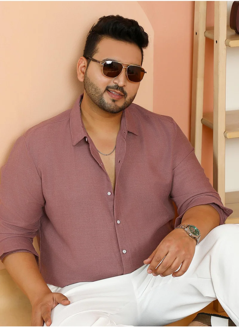 انستافاب بلس Instafab Plus Men's Nude Pink Woven-Textured Shirt For Casual Wear | Spread Collar | Long Cuffed Sleeves | Button Closure | Plus Size Shirt Crafted With Comfort Fit For Everyday Wear