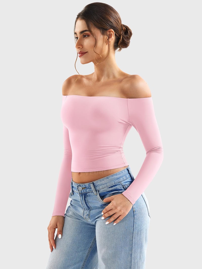 YEOREO Sophie Women Off Shoulder Long Sleeve Shirts Double Lined Basic Undershirt Y2K Going Out Tops Cherry Pink-S - Image 2