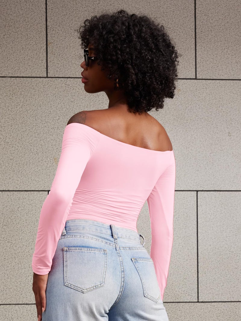 YEOREO Sophie Women Off Shoulder Long Sleeve Shirts Double Lined Basic Undershirt Y2K Going Out Tops Cherry Pink-S - Image 3