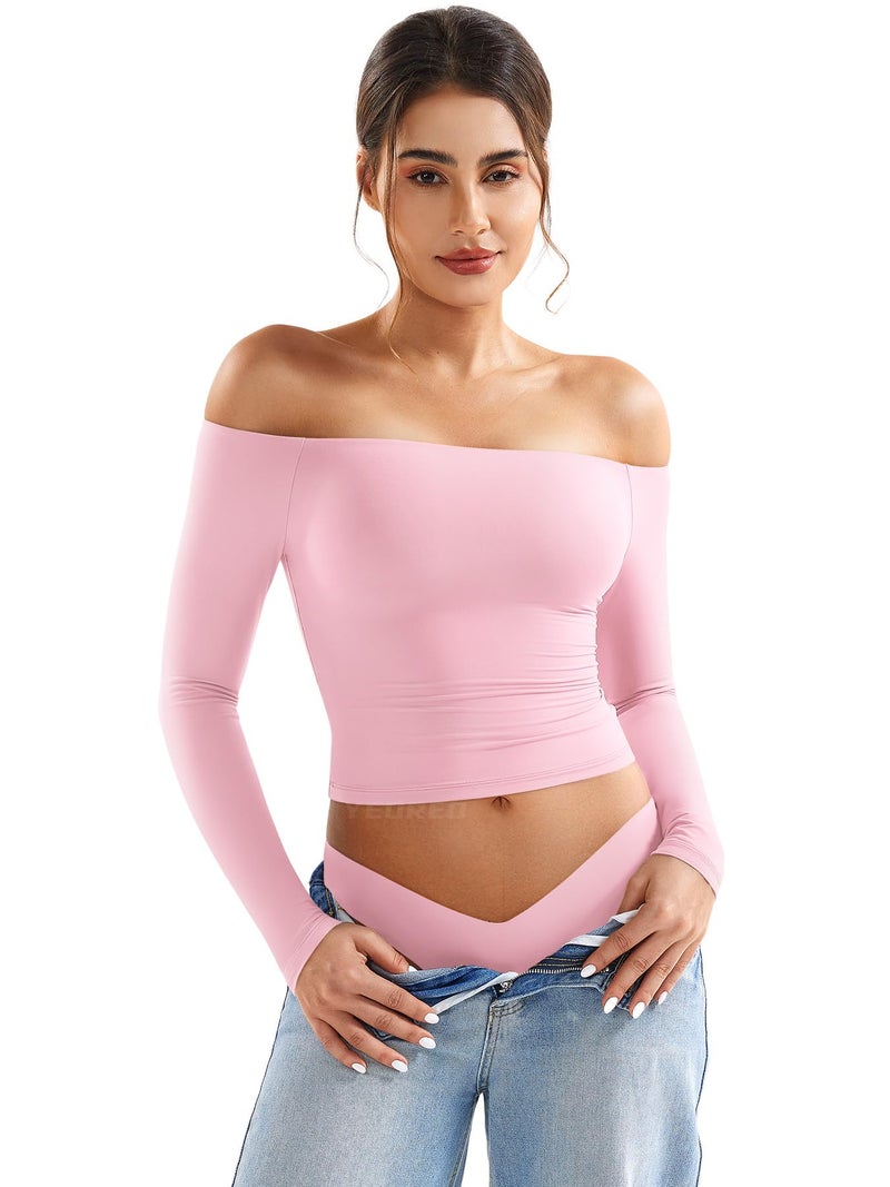 YEOREO Sophie Women Off Shoulder Long Sleeve Shirts Double Lined Basic Undershirt Y2K Going Out Tops Cherry Pink-S - Image 1