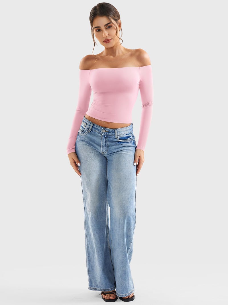 YEOREO Sophie Women Off Shoulder Long Sleeve Shirts Double Lined Basic Undershirt Y2K Going Out Tops Cherry Pink-S - Image 5
