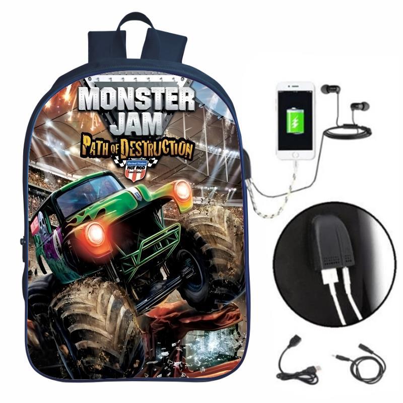 Monster Jam Monster Truck Primary And Secondary School Students School Bag Usb Charging Kidsren'S Backpack Boys And Girls Backpack - Image 2