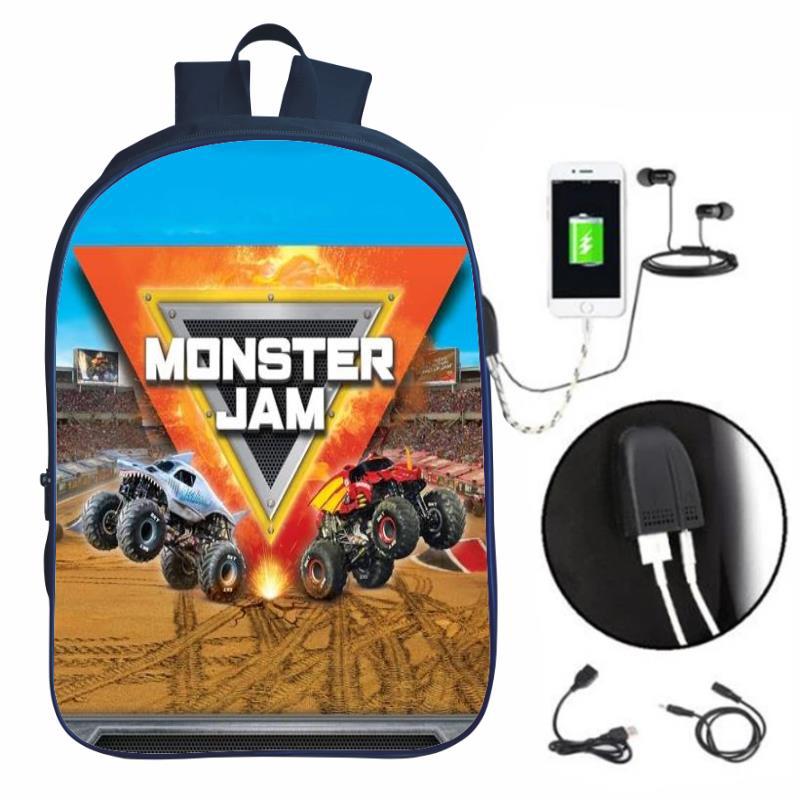 Monster Jam Monster Truck Primary And Secondary School Students School Bag Usb Charging Kidsren'S Backpack Boys And Girls Backpack - Image 1
