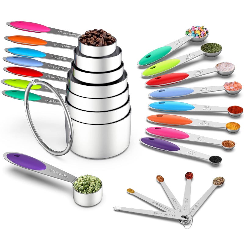 Stylish Measuring Set by Wildone  21 Steel Compact Pieces 8 cups 8 spoons  5 mini spoons Colored Handles For Dry  Liquid Ingredients